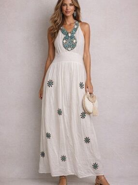 Boston Proper NWT White Embellished Maxi Dress Turquoise Beaded Boho Size M